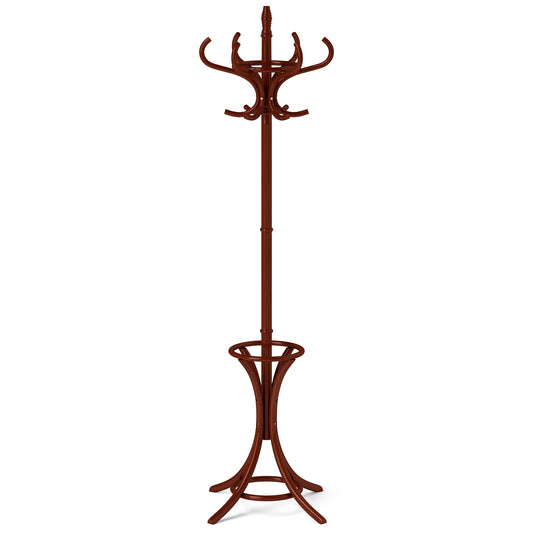 Wood Standing Hat Coat Rack with Umbrella Stand-Brown