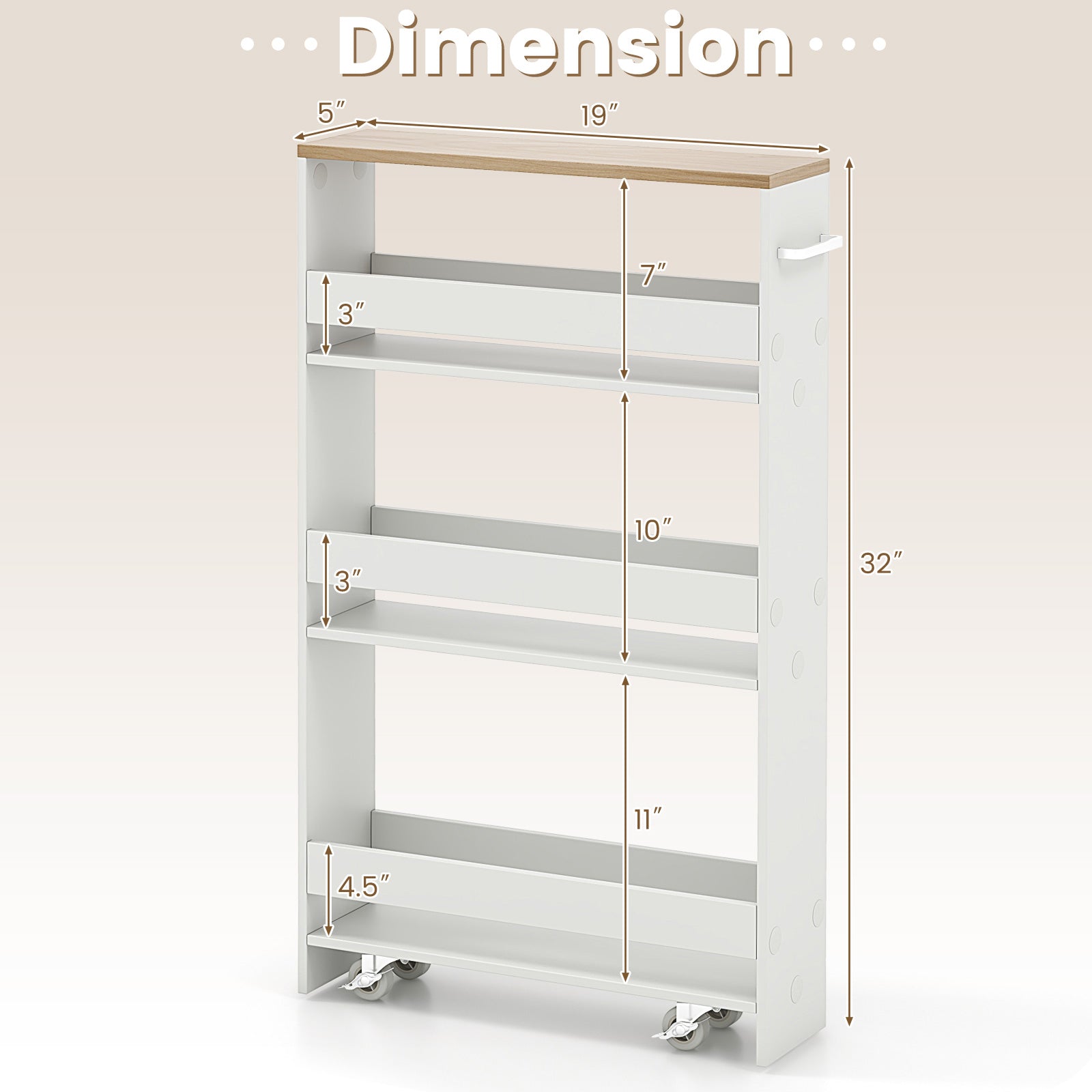 Rolling Kitchen Slim Storage Cart Mobile Shelving Organizer with Handle-White