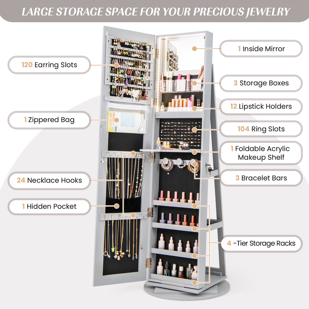 360° Rotating Mirrored Jewelry Cabinet Armoire 3 Color LED Modes Lockable-Gray