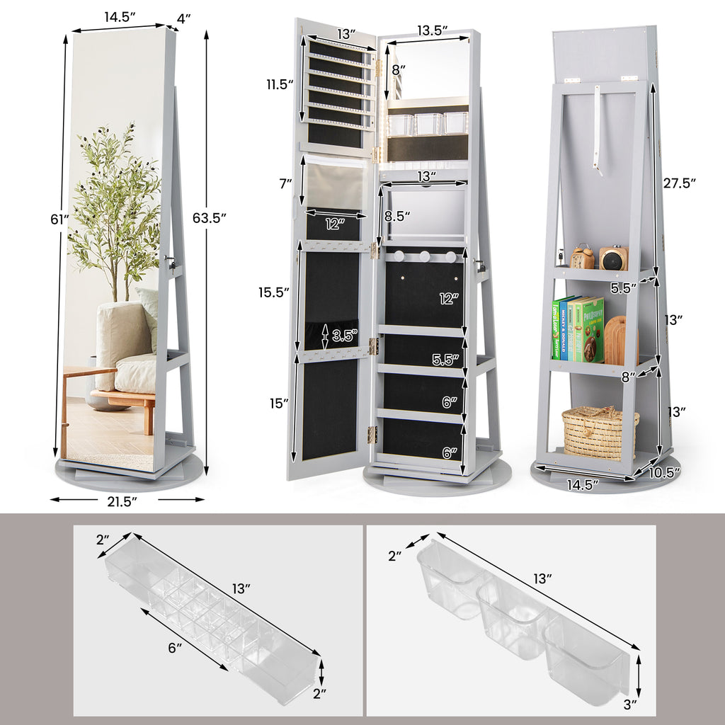 360° Rotating Mirrored Jewelry Cabinet Armoire 3 Color LED Modes Lockable-Gray