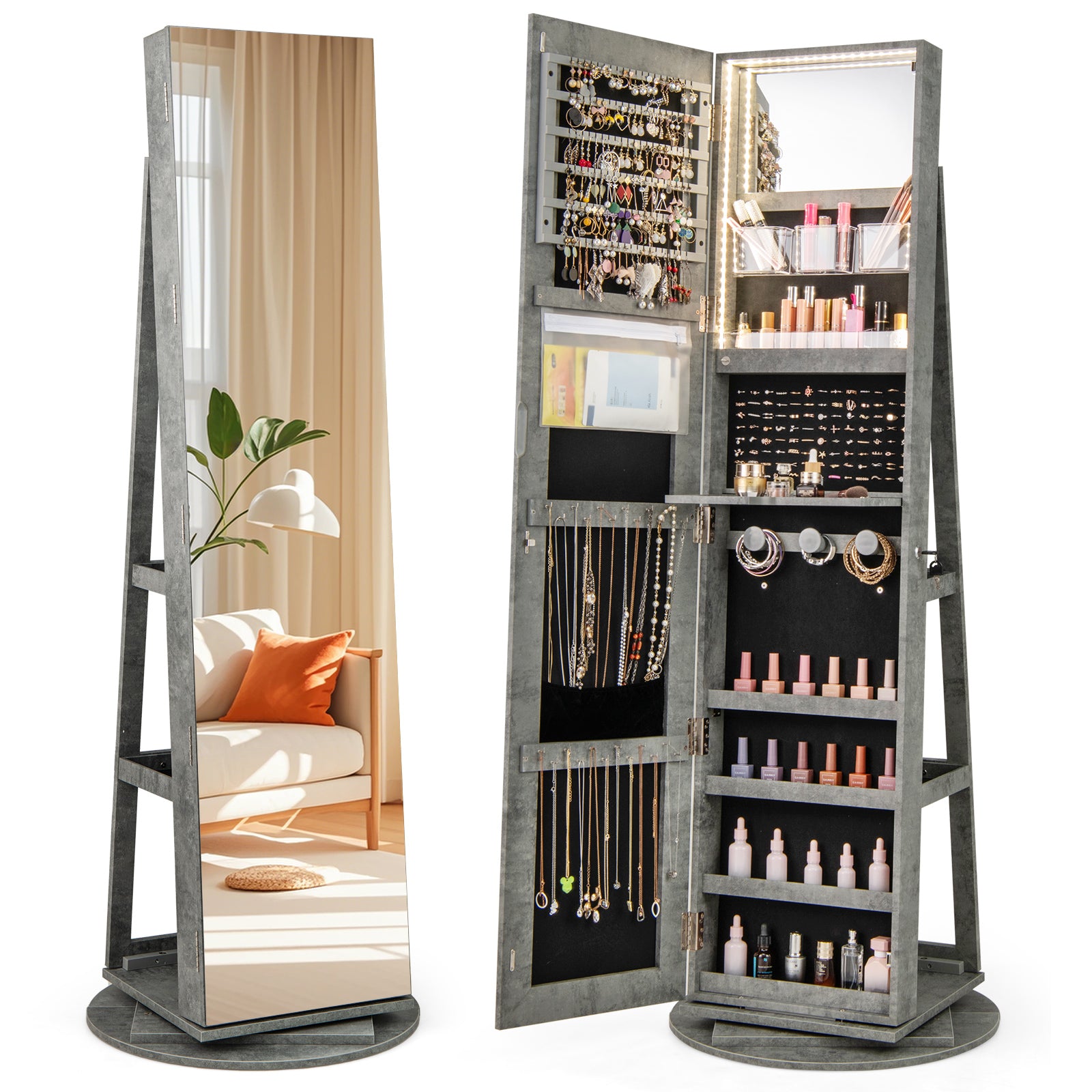 360° Rotating Mirrored Jewelry Cabinet Armoire 3 Color LED Modes Lockable-Green