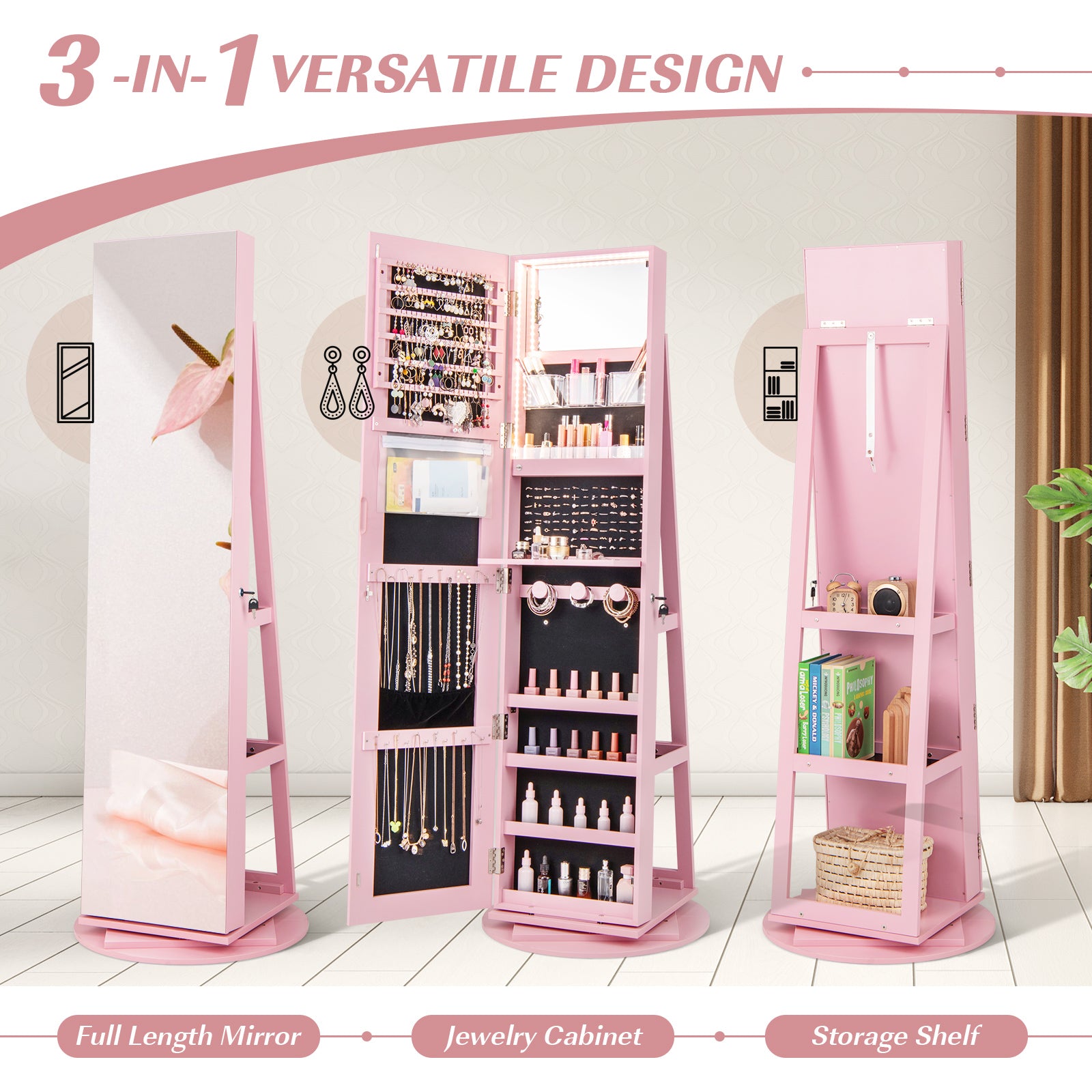 360° Rotating Mirrored Jewelry Cabinet Armoire 3 Color LED Modes Lockable-Pink