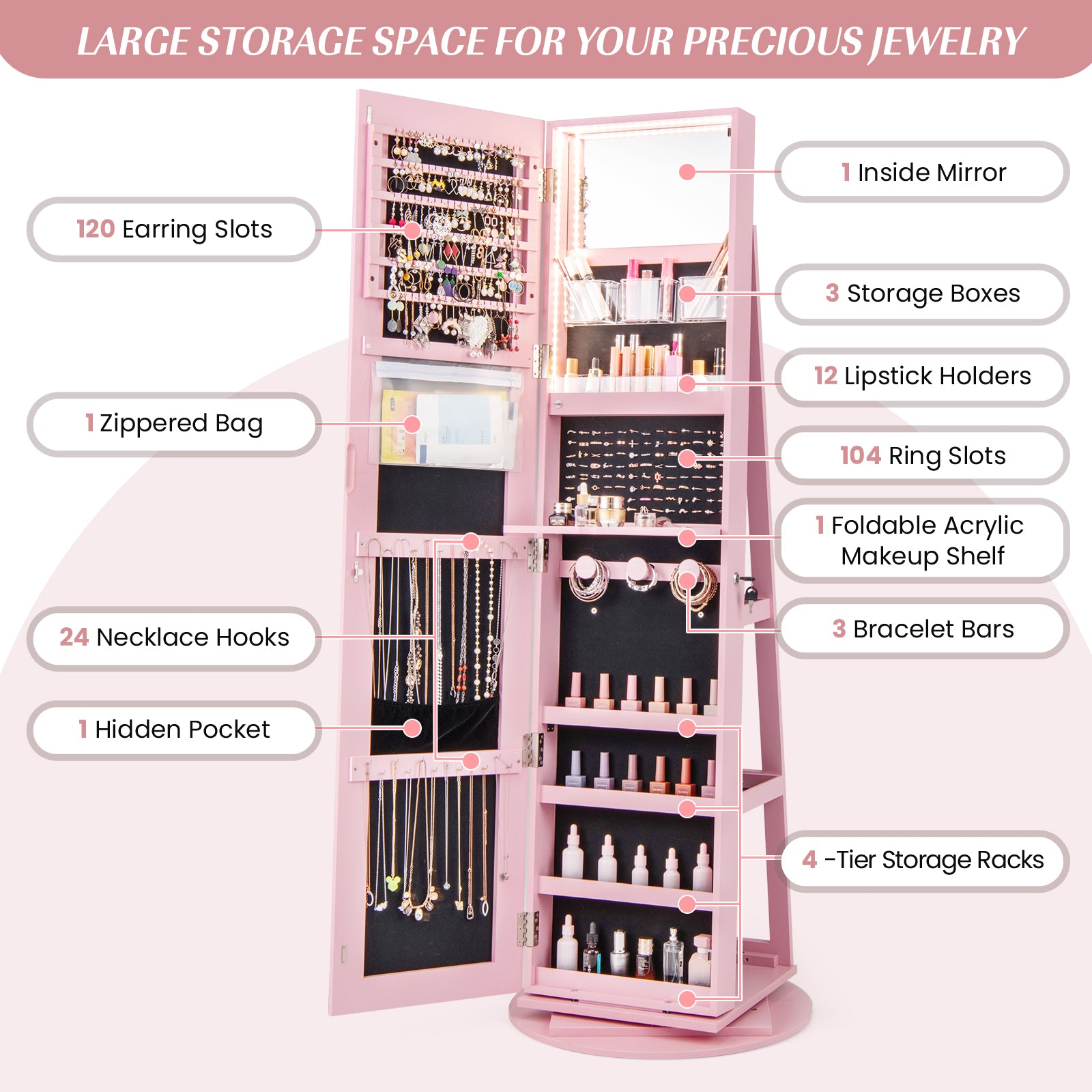 360° Rotating Mirrored Jewelry Cabinet Armoire 3 Color LED Modes Lockable-Pink