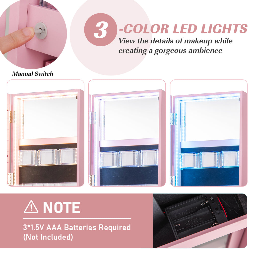 360° Rotating Mirrored Jewelry Cabinet Armoire 3 Color LED Modes Lockable-Pink