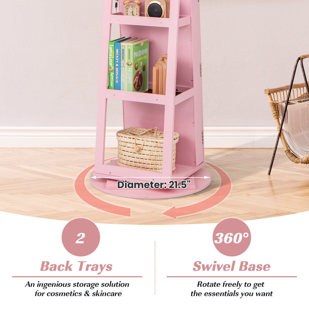 360° Rotating Mirrored Jewelry Cabinet Armoire 3 Color LED Modes Lockable-Pink