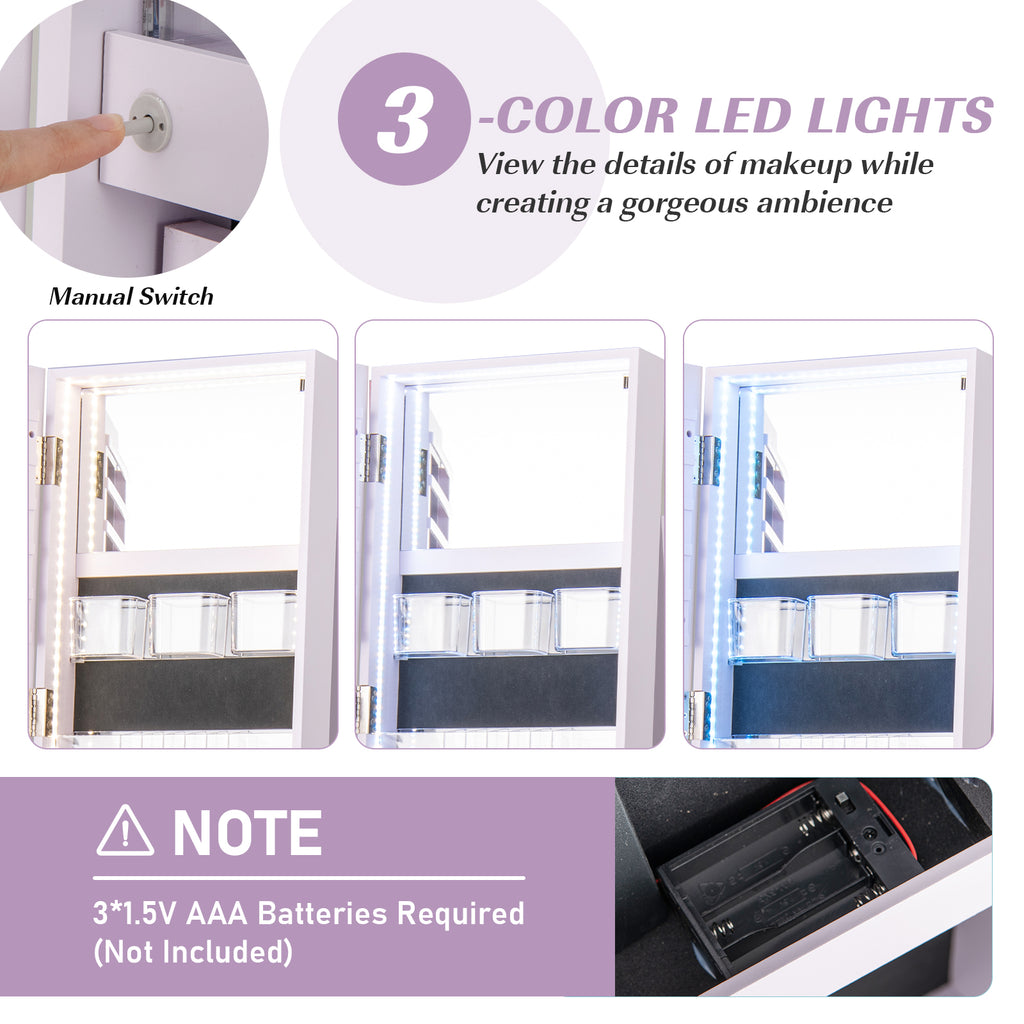 360° Rotating Mirrored Jewelry Cabinet Armoire 3 Color LED Modes Lockable-Purple