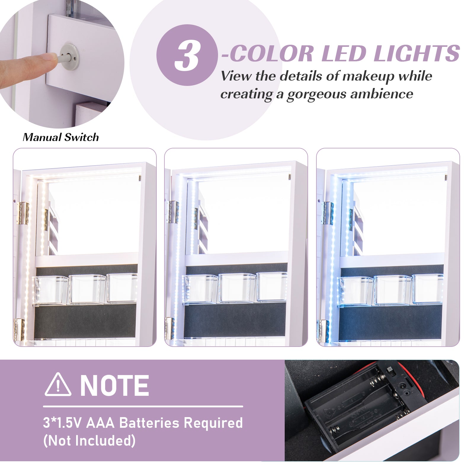 360° Rotating Mirrored Jewelry Cabinet Armoire 3 Color LED Modes Lockable-Purple