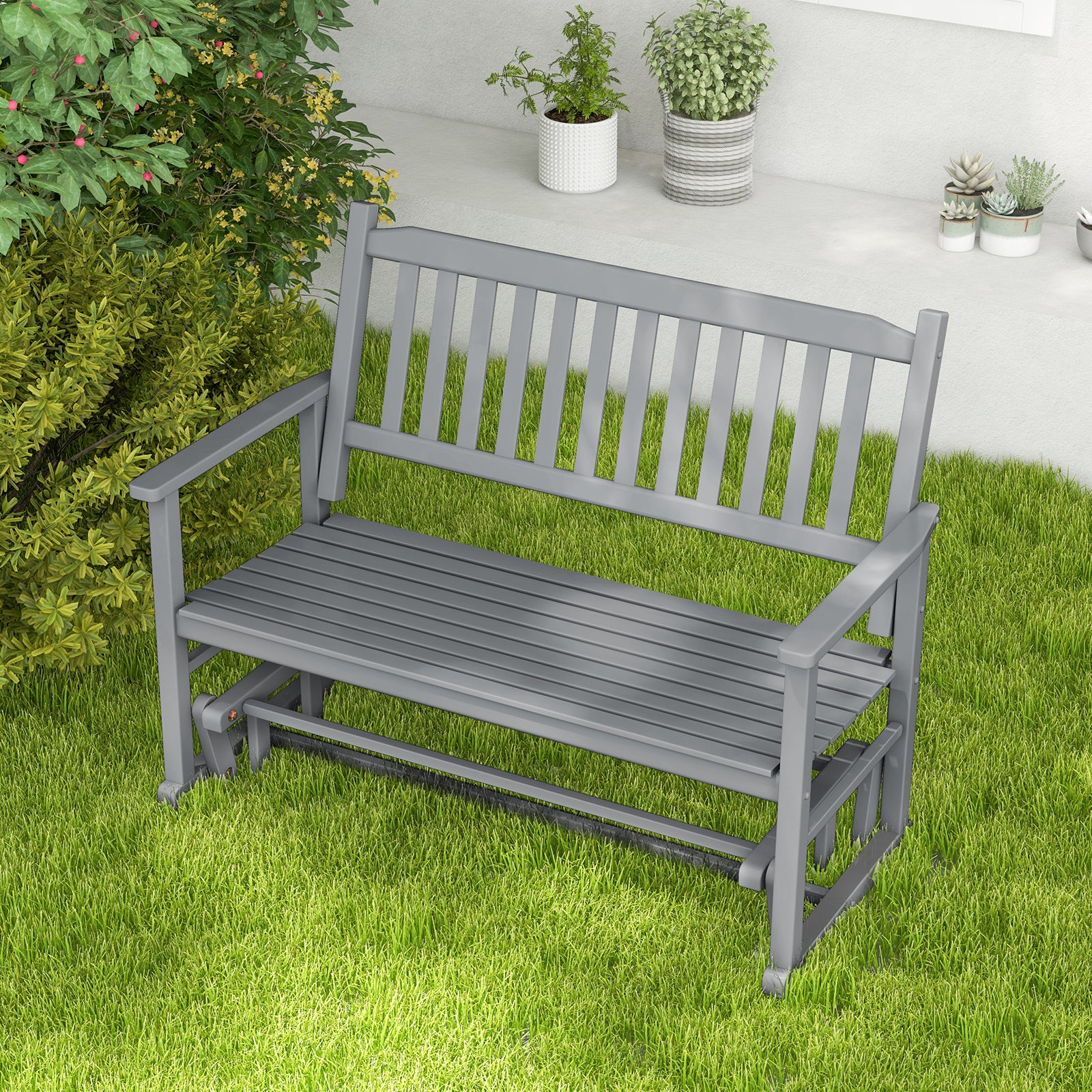 Banc extérieur à bascule 2 places avec accoudoirs et assise à lattes – Gris