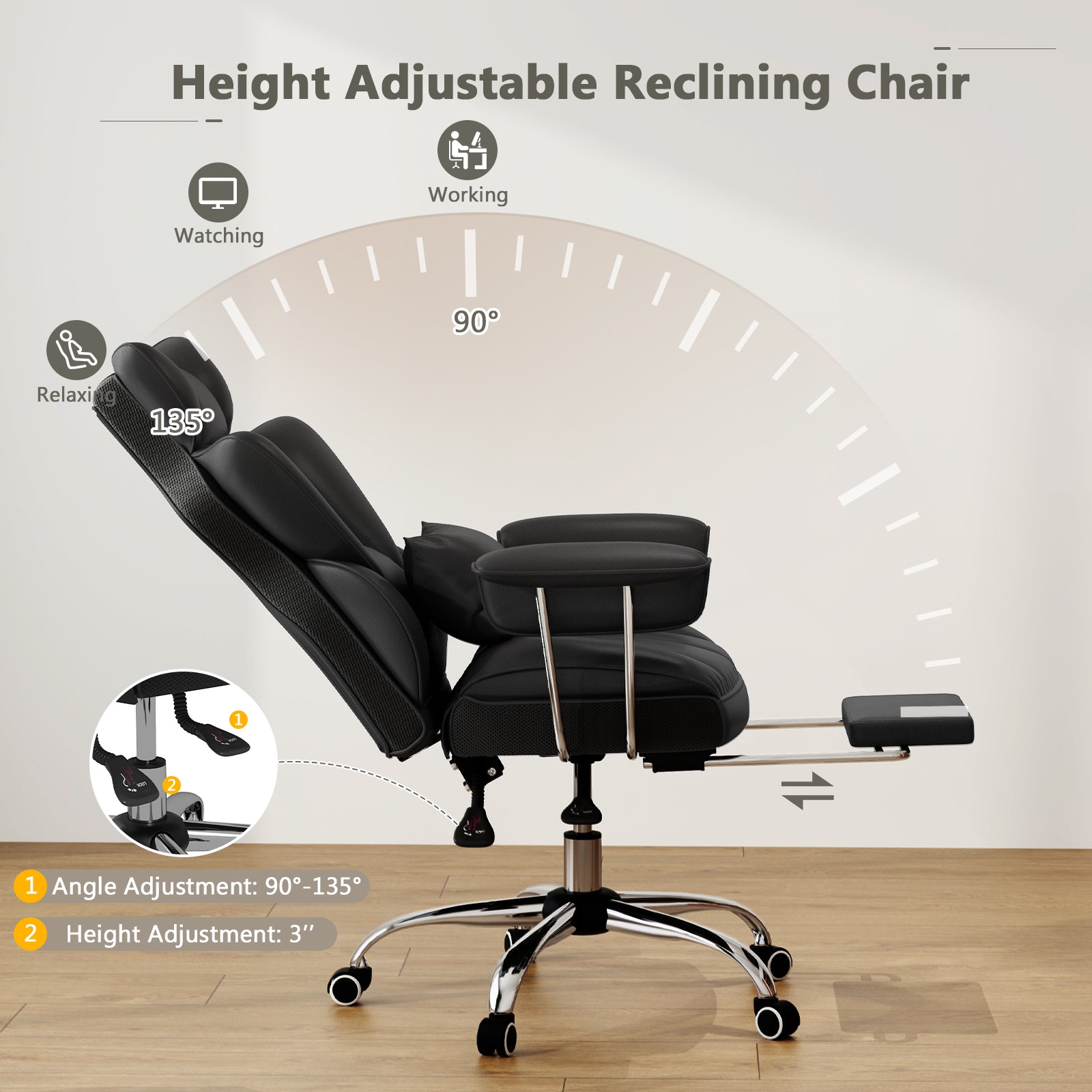 Big and Tall Executive Office Desk Chair with Footrest and Lumbar Support-Black