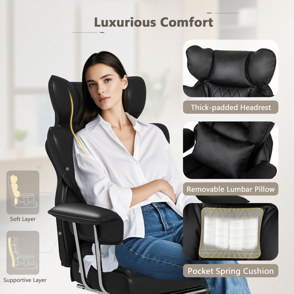 Big and Tall Executive Office Desk Chair with Footrest and Lumbar Support-Black