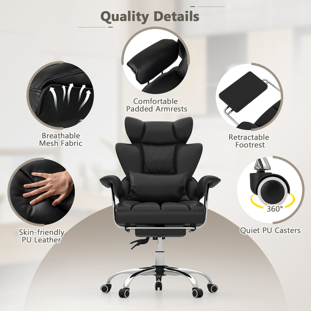 Big and Tall Executive Office Desk Chair with Footrest and Lumbar Support-Black