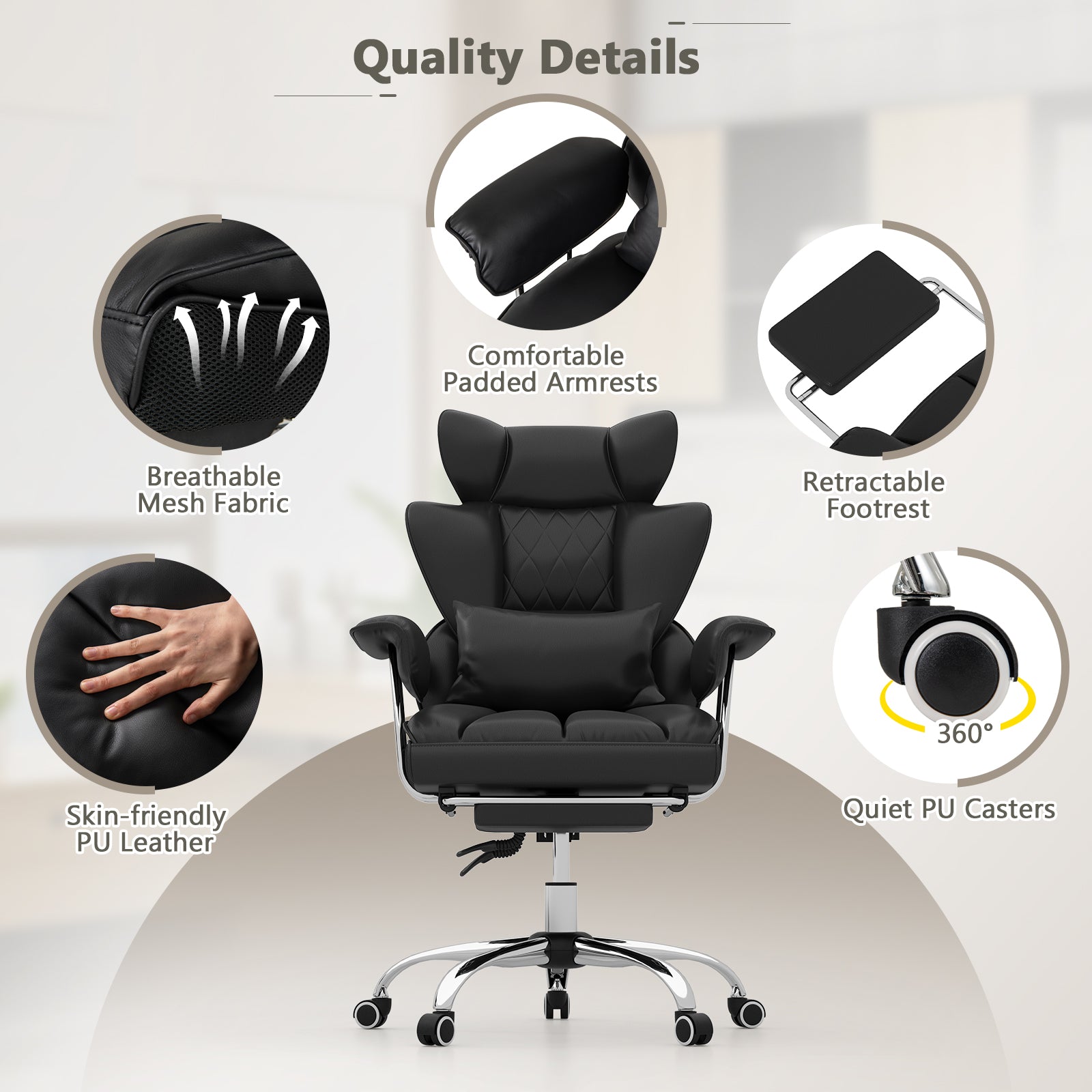 Big and Tall Executive Office Desk Chair with Footrest and Lumbar Support-Black
