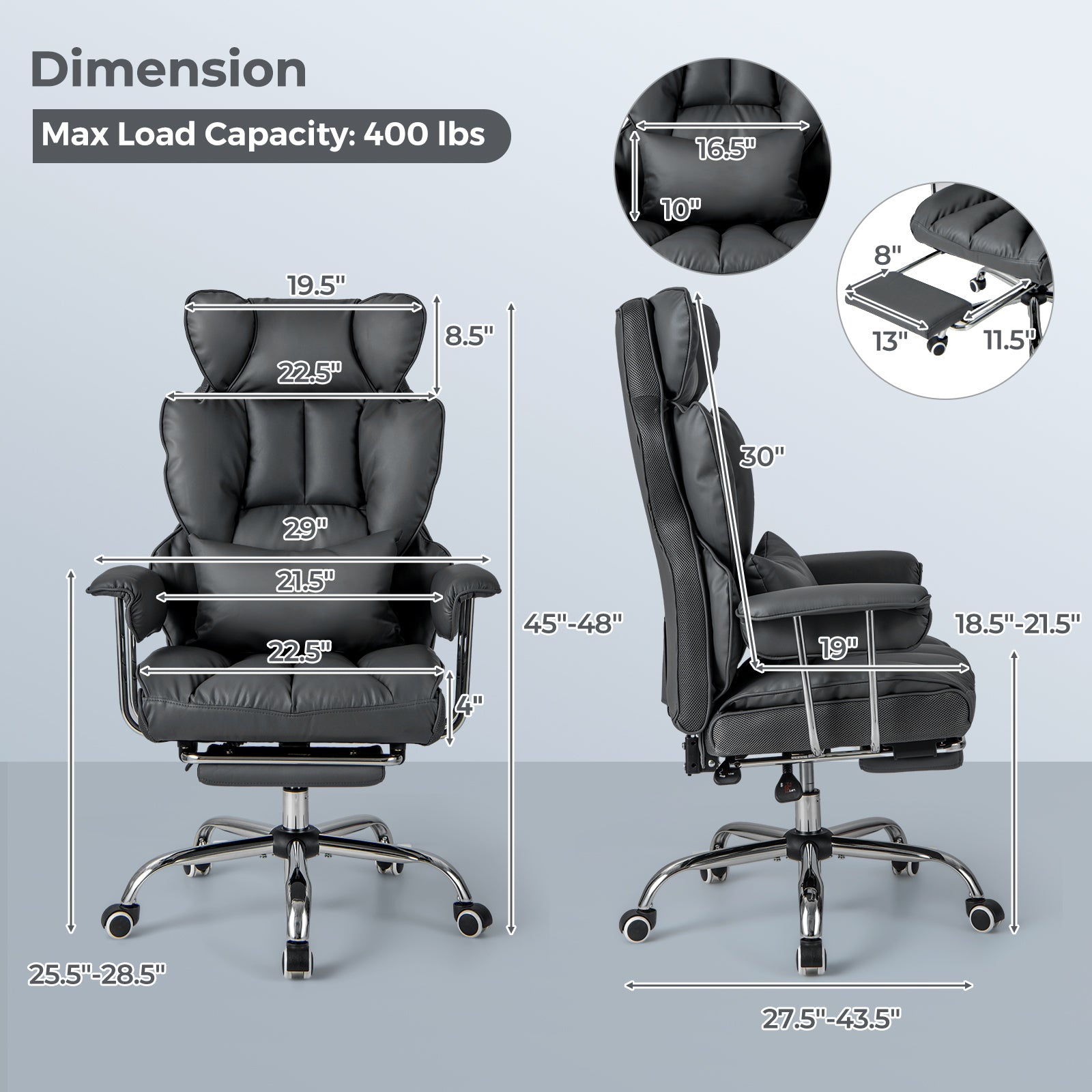 Big and Tall Executive Office Desk Chair with Footrest and Lumbar Support-Black