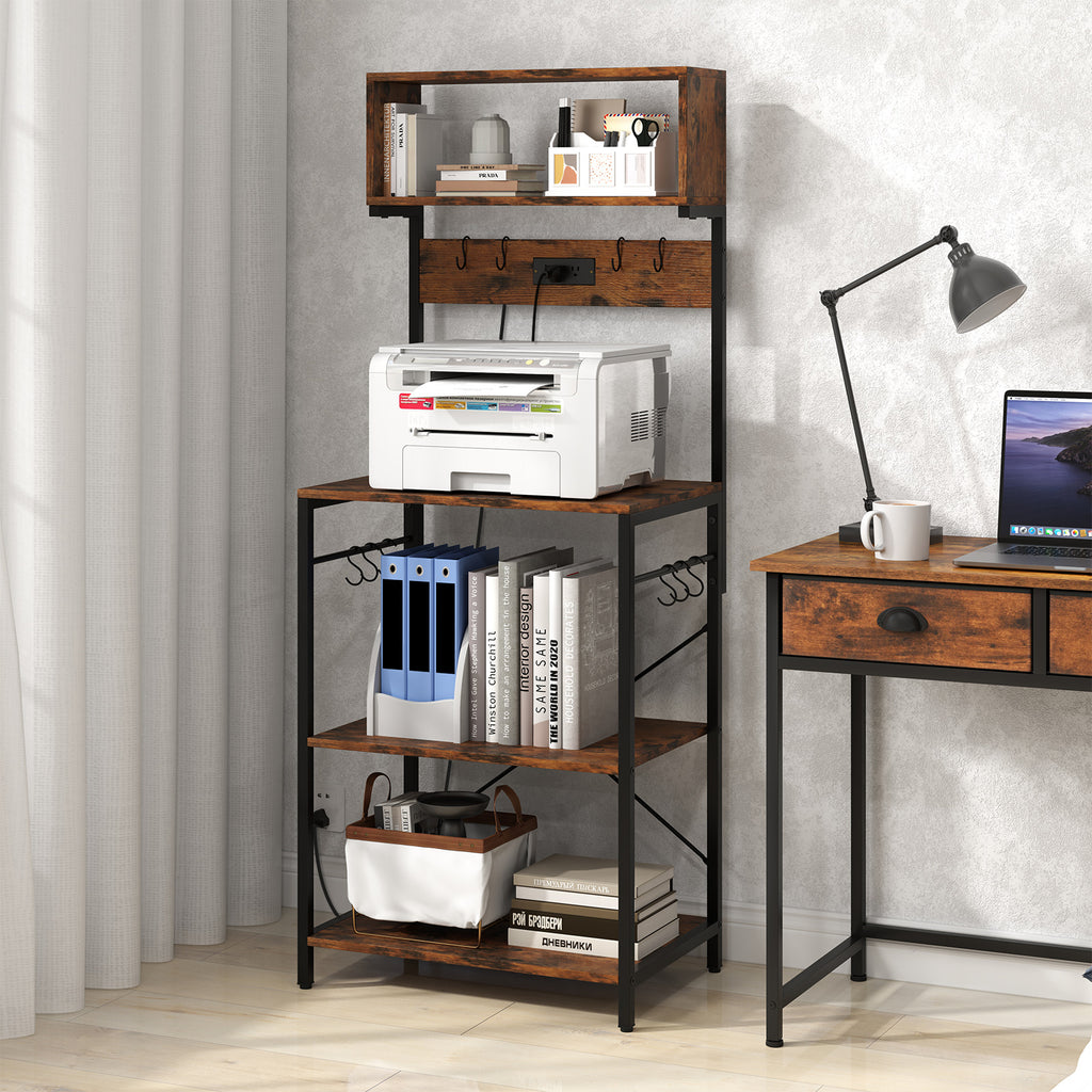 5-Tier Microwave Stand with Power Outlet and 10 S-shape Hooks-Rustic Brown