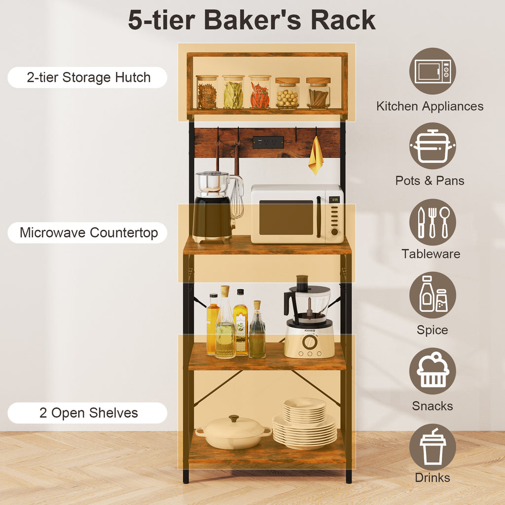 5-Tier Microwave Stand with Power Outlet and 10 S-shape Hooks-Rustic Brown