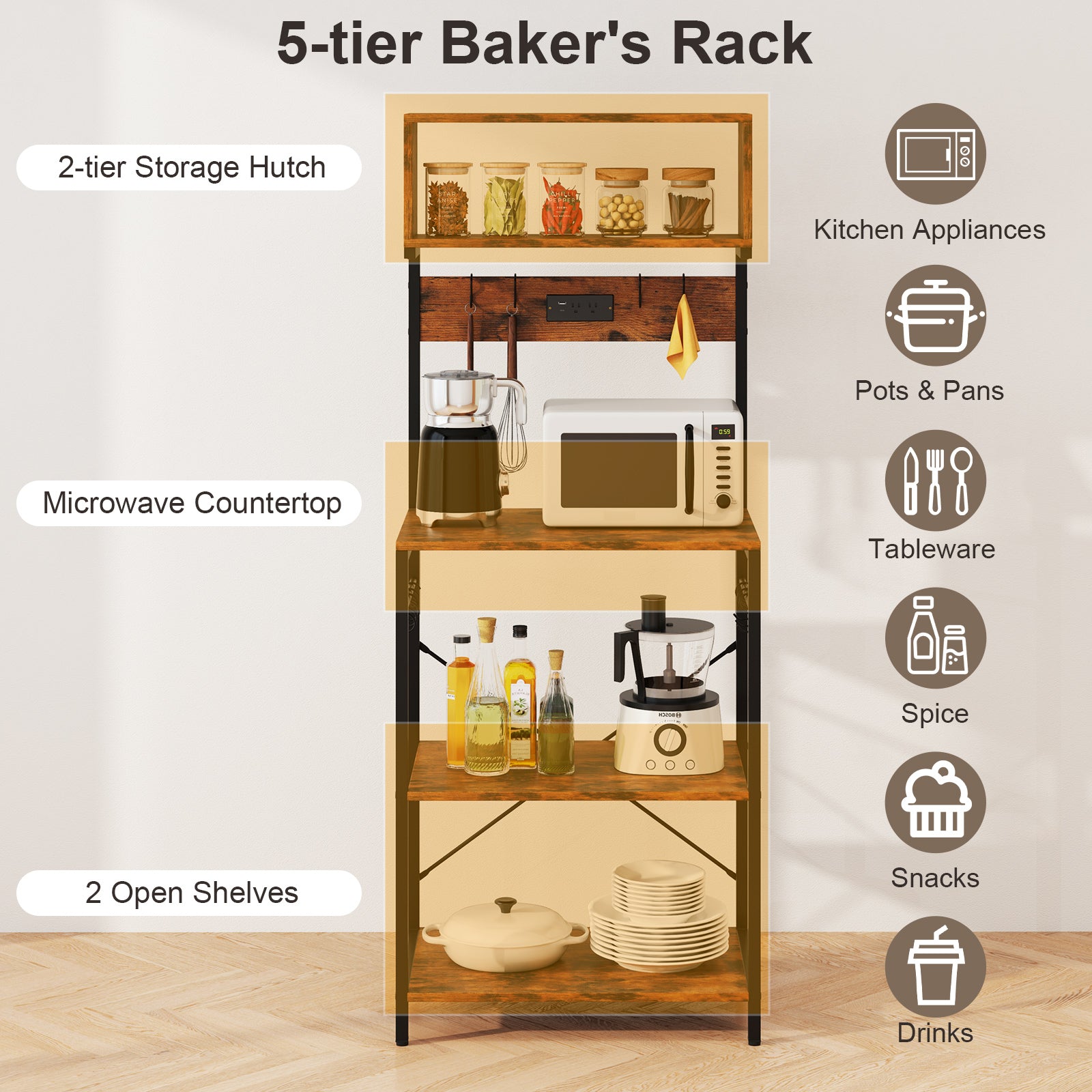 5-Tier Microwave Stand with Power Outlet and 10 S-shape Hooks-Rustic Brown