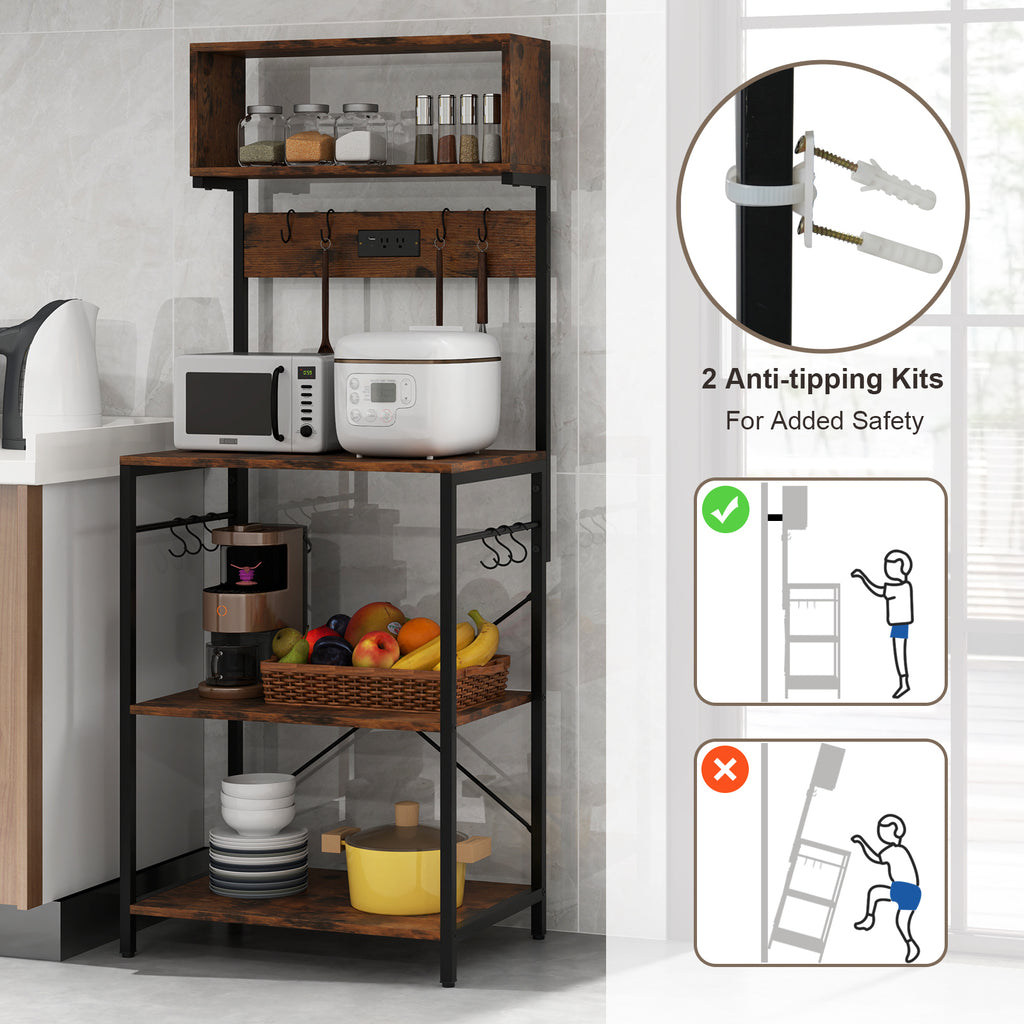 5-Tier Microwave Stand with Power Outlet and 10 S-shape Hooks-Rustic Brown