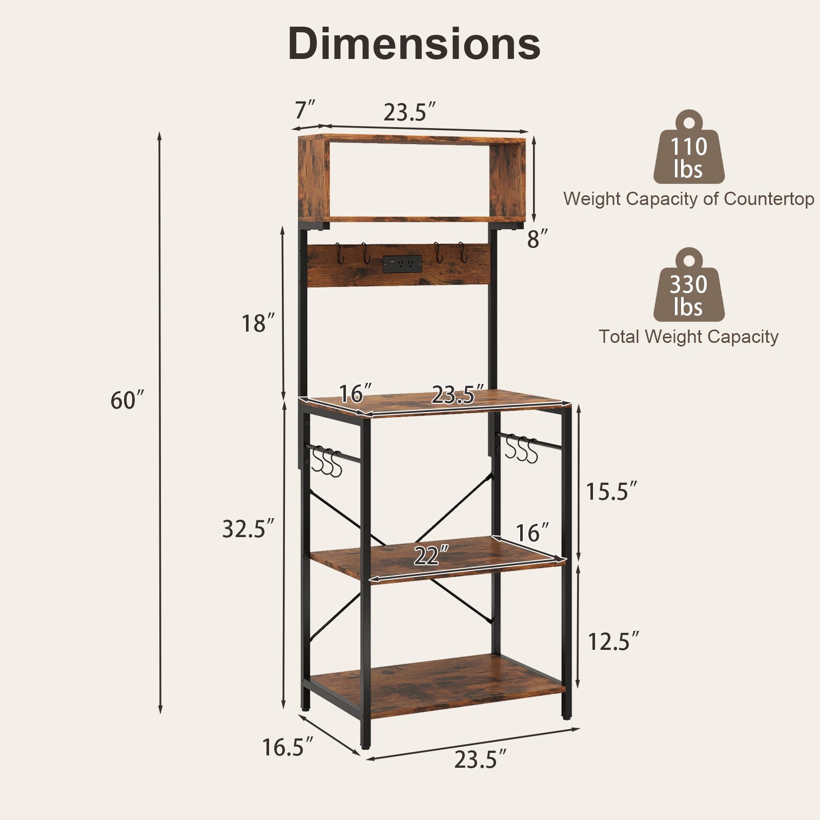 5-Tier Microwave Stand with Power Outlet and 10 S-shape Hooks-Rustic Brown