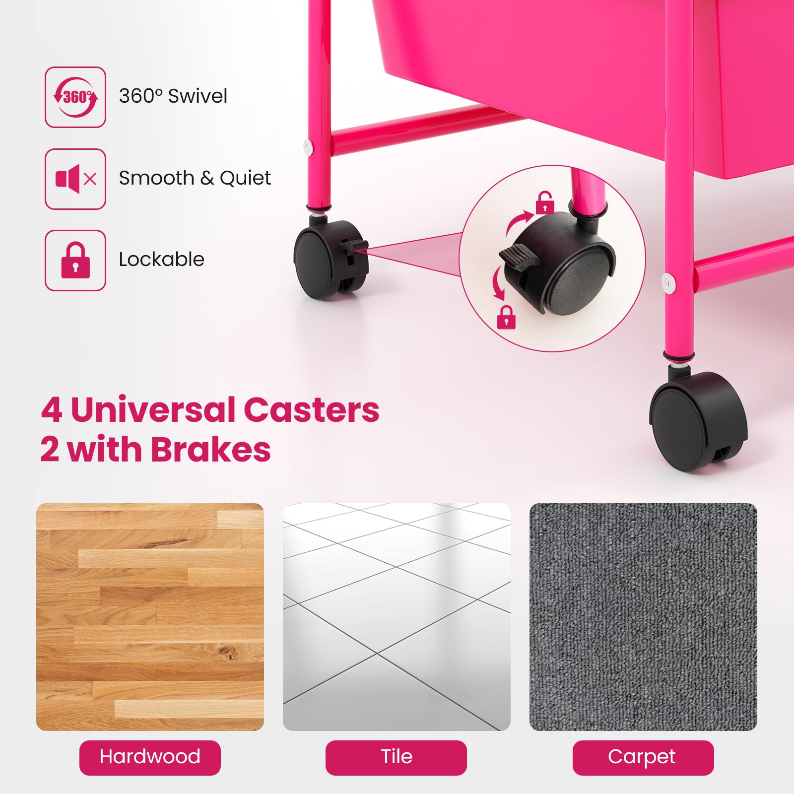 9-Drawer Rolling Storage Cart with Colorful Drawers and Metal Frame-Light Pink