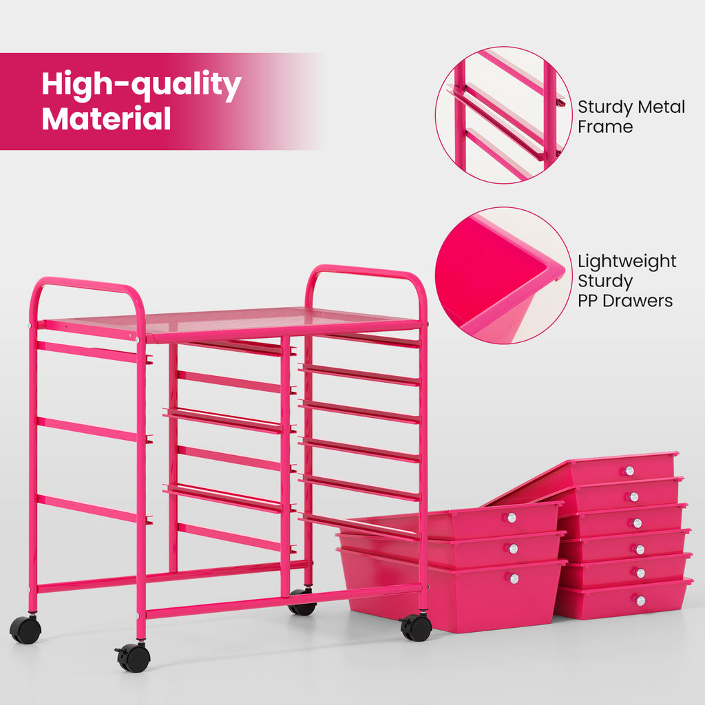 9-Drawer Rolling Storage Cart with Colorful Drawers and Metal Frame-Light Pink