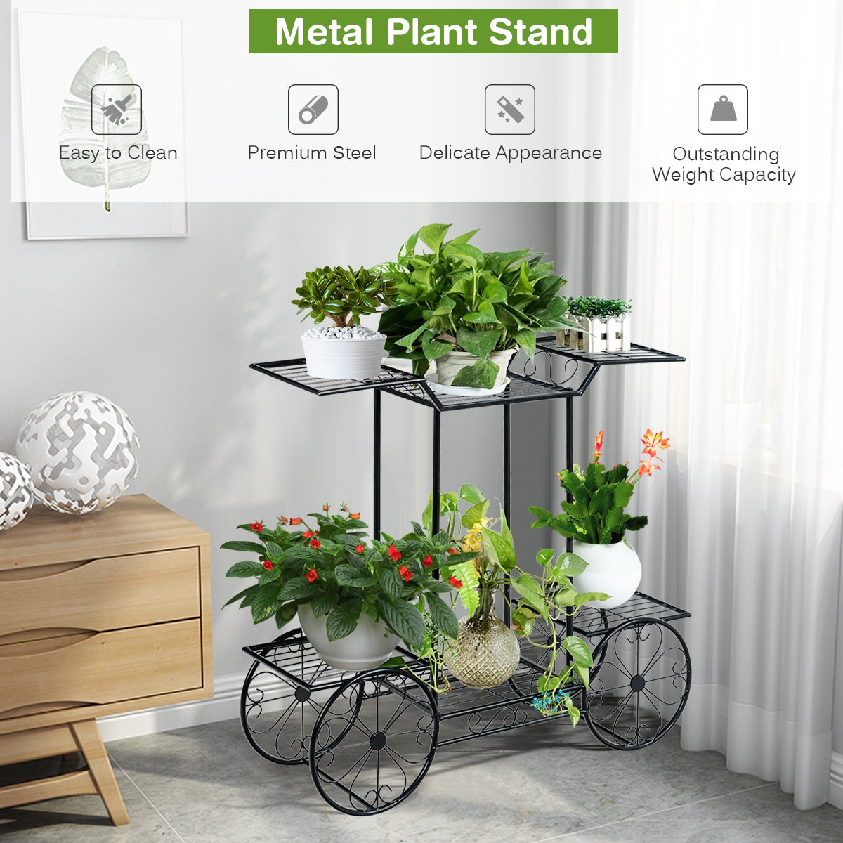 Présentoir à fleurs à 6 niveaux, chariot de jardin, support de pot de plantes décoratif