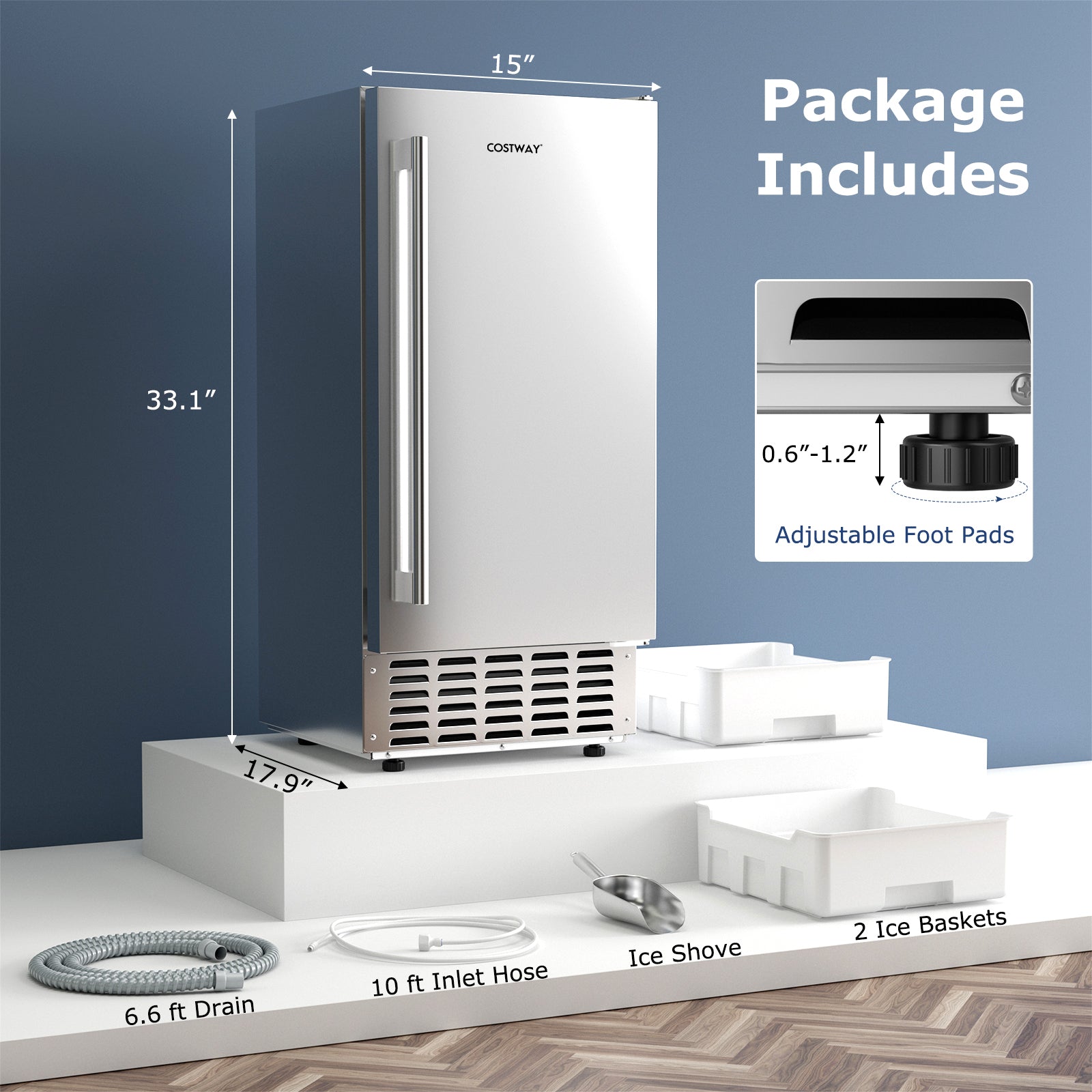 Under Counter Nugget Ice Maker with Self-Cleaning and 24H Timer-Silver
