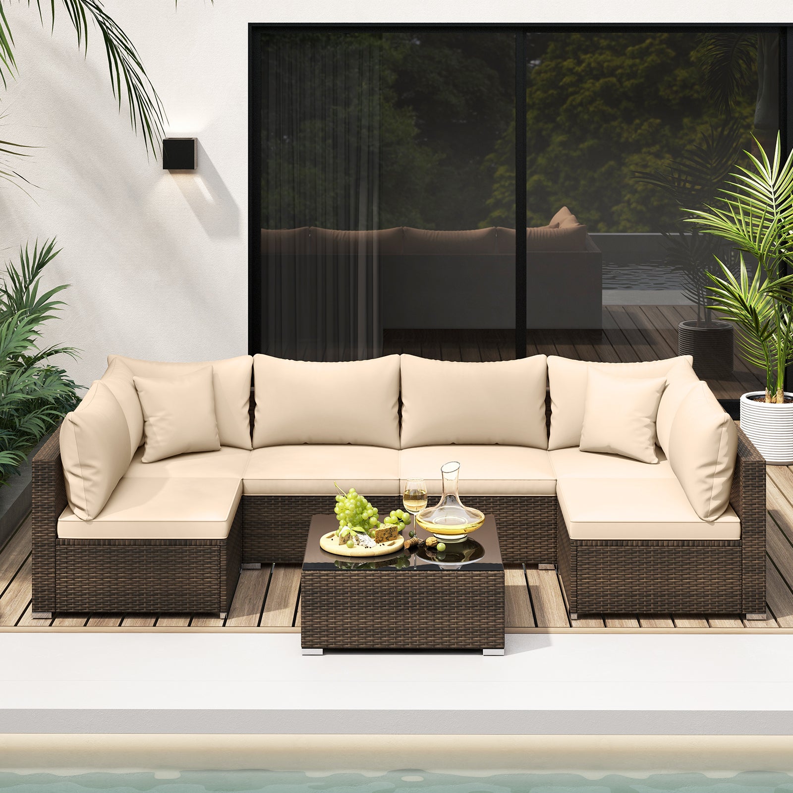 Ensemble de mobilier de patio en rotin 7 pièces avec coussins de canapé modulable - Beige