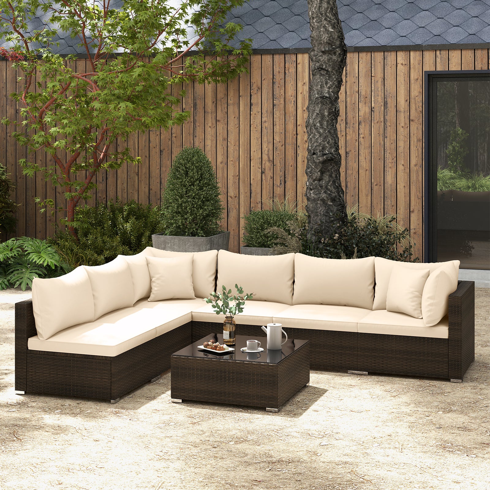 Ensemble de mobilier de patio en rotin 7 pièces avec coussins de canapé modulable - Beige