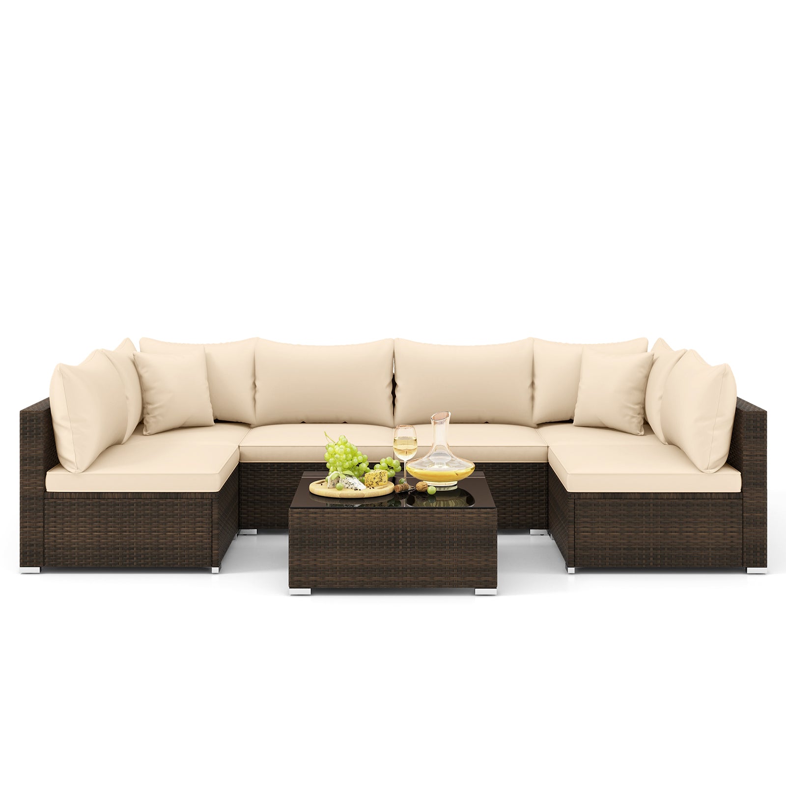 Ensemble de mobilier de patio en rotin 7 pièces avec coussins de canapé modulable - Beige
