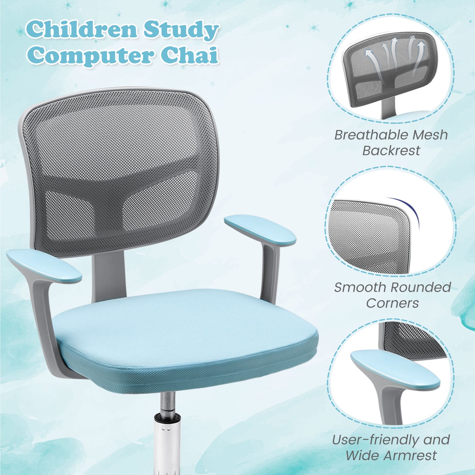 Adjustable Desk Chair with Auto Brake Casters for Kids-Blue