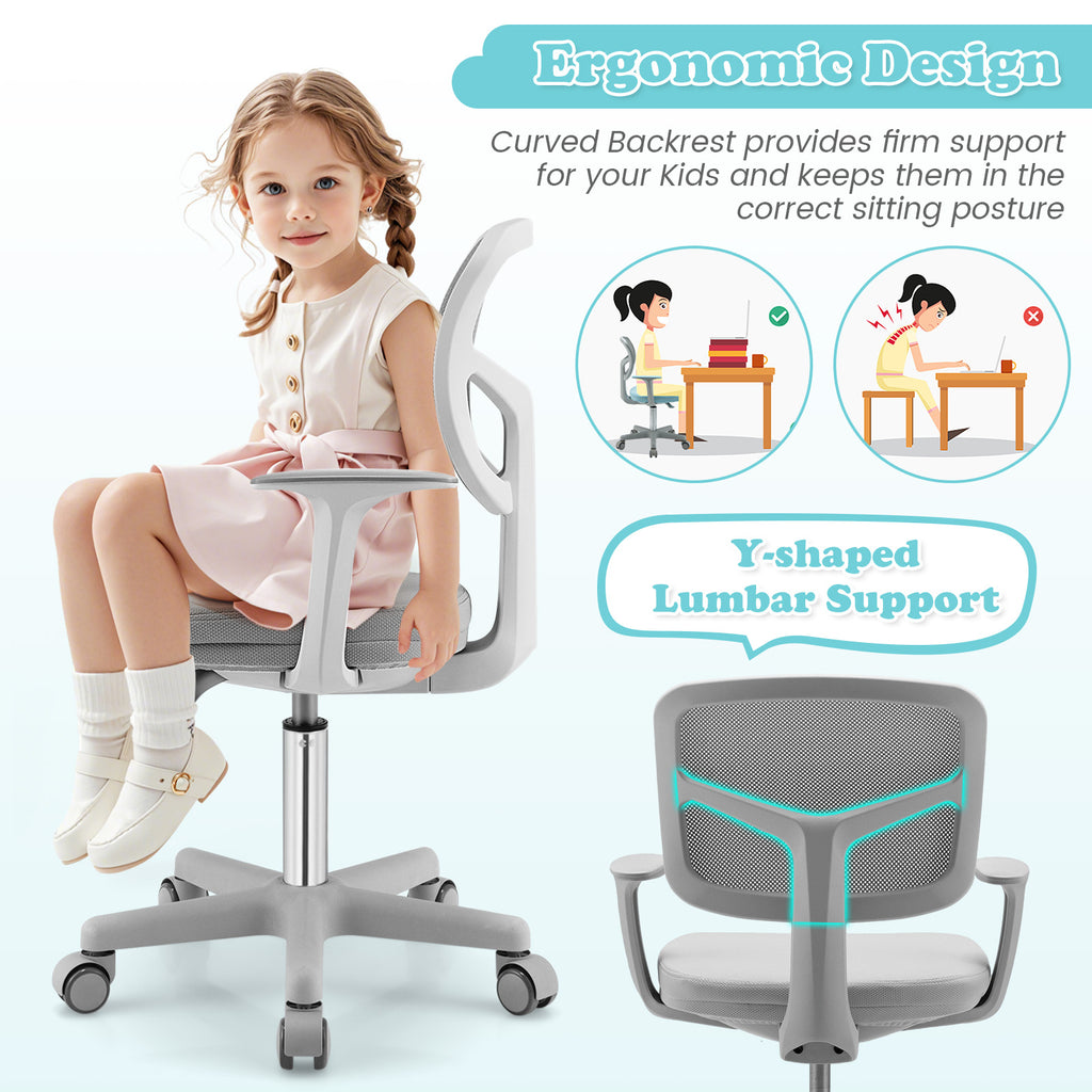 Adjustable Desk Chair with 5 Rolling Casters for Kids-Gray