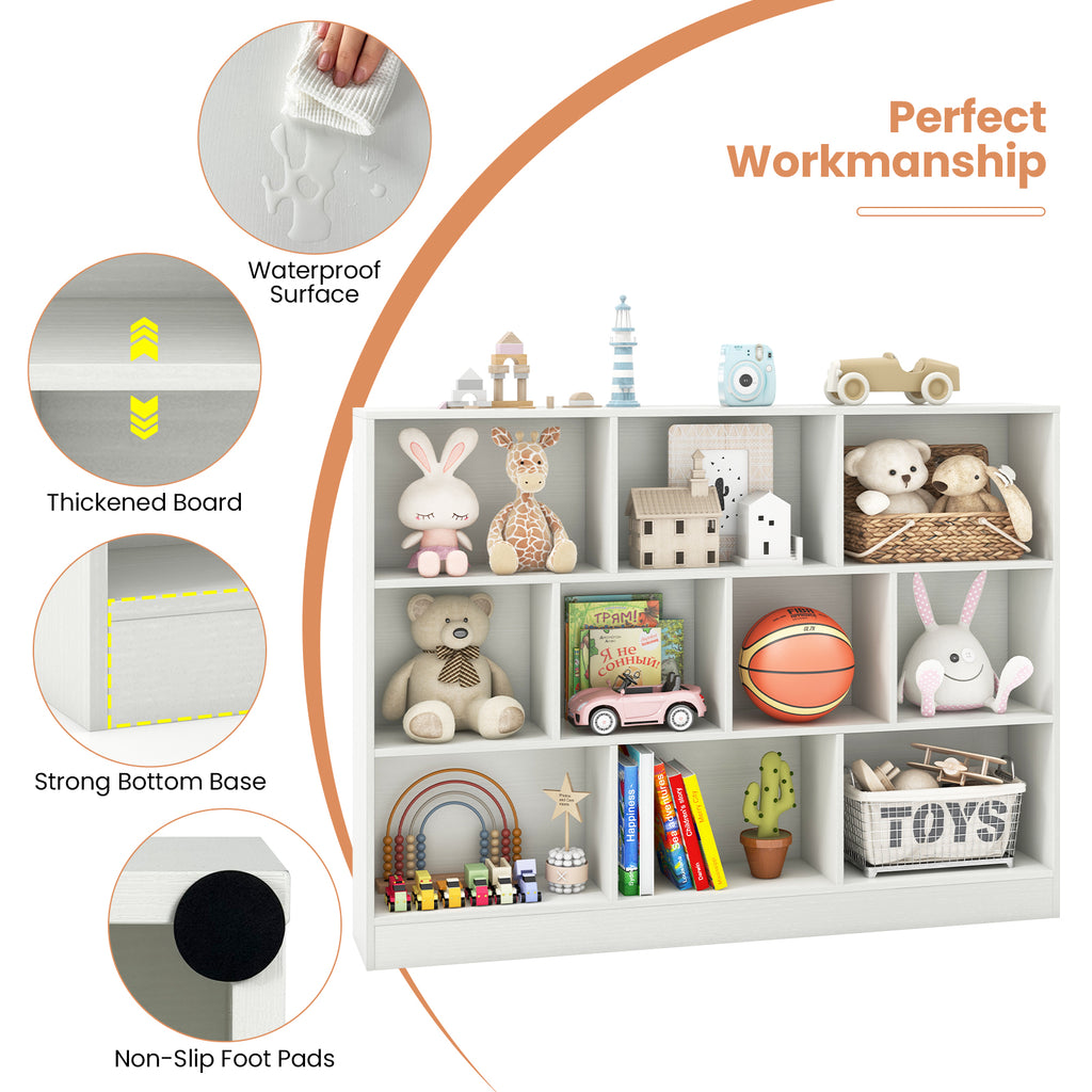 41 inches Wooden Toy Storage Organizer with 10 Cubes for Classroom Daycare Nursery Kindergarten-White