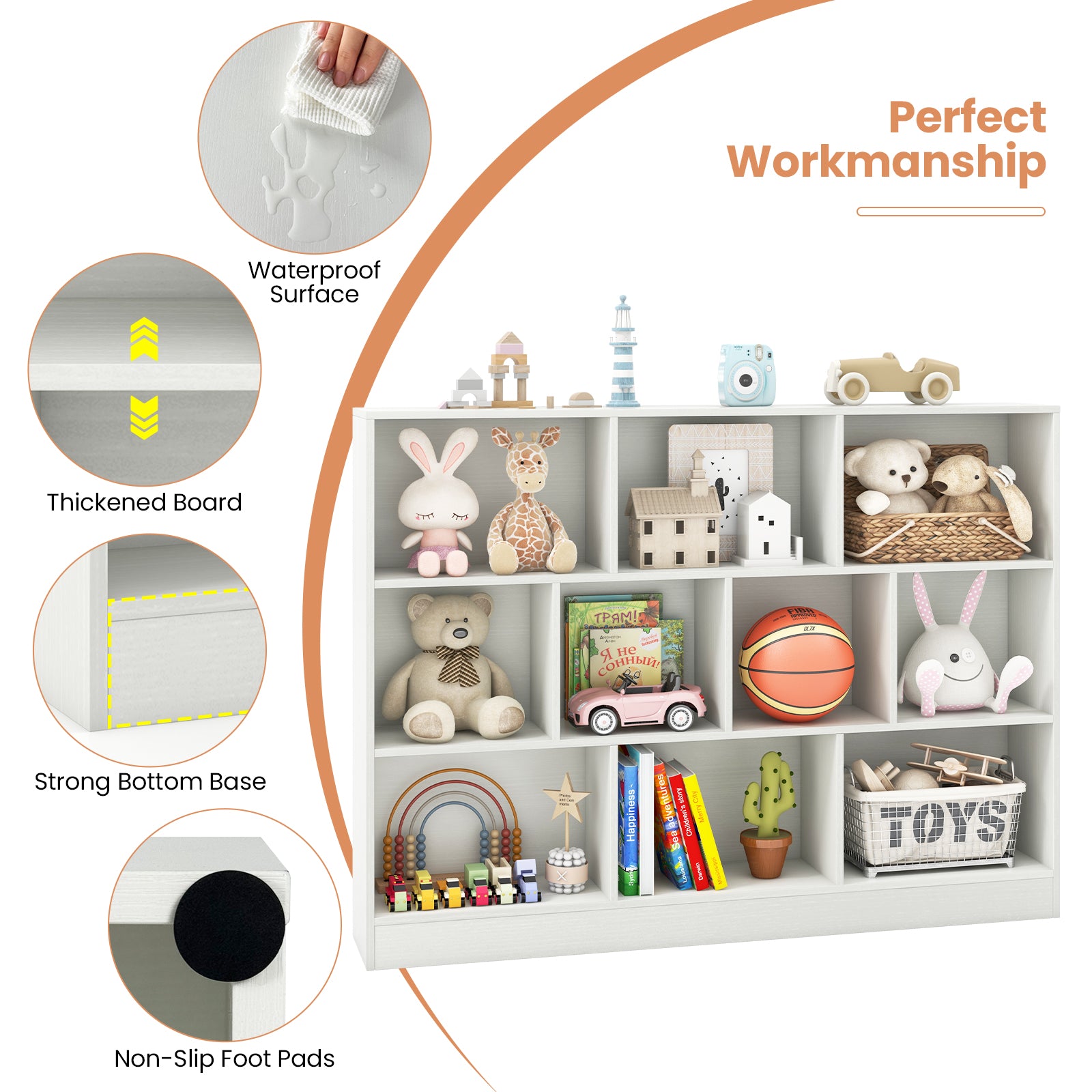 41 inches Wooden Toy Storage Organizer with 10 Cubes for Classroom Daycare Nursery Kindergarten-White