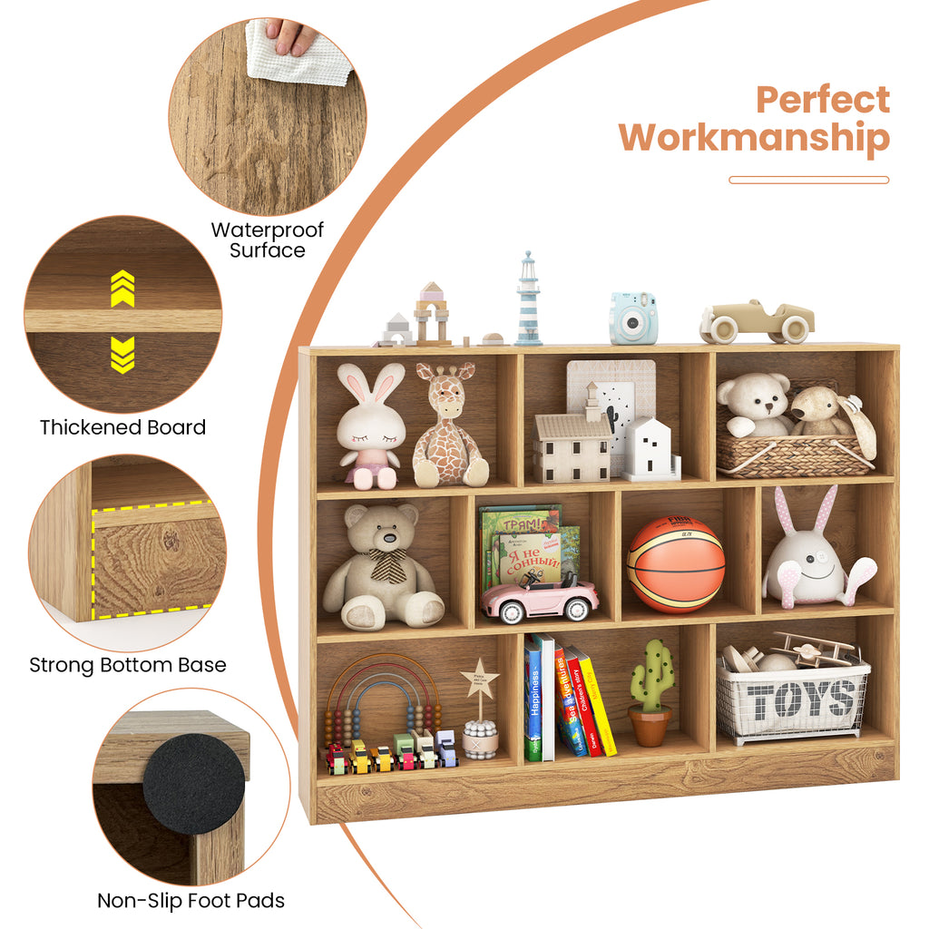 41 inches Wooden Toy Storage Organizer with 10 Cubes for Classroom Daycare Nursery Kindergarten-Natural