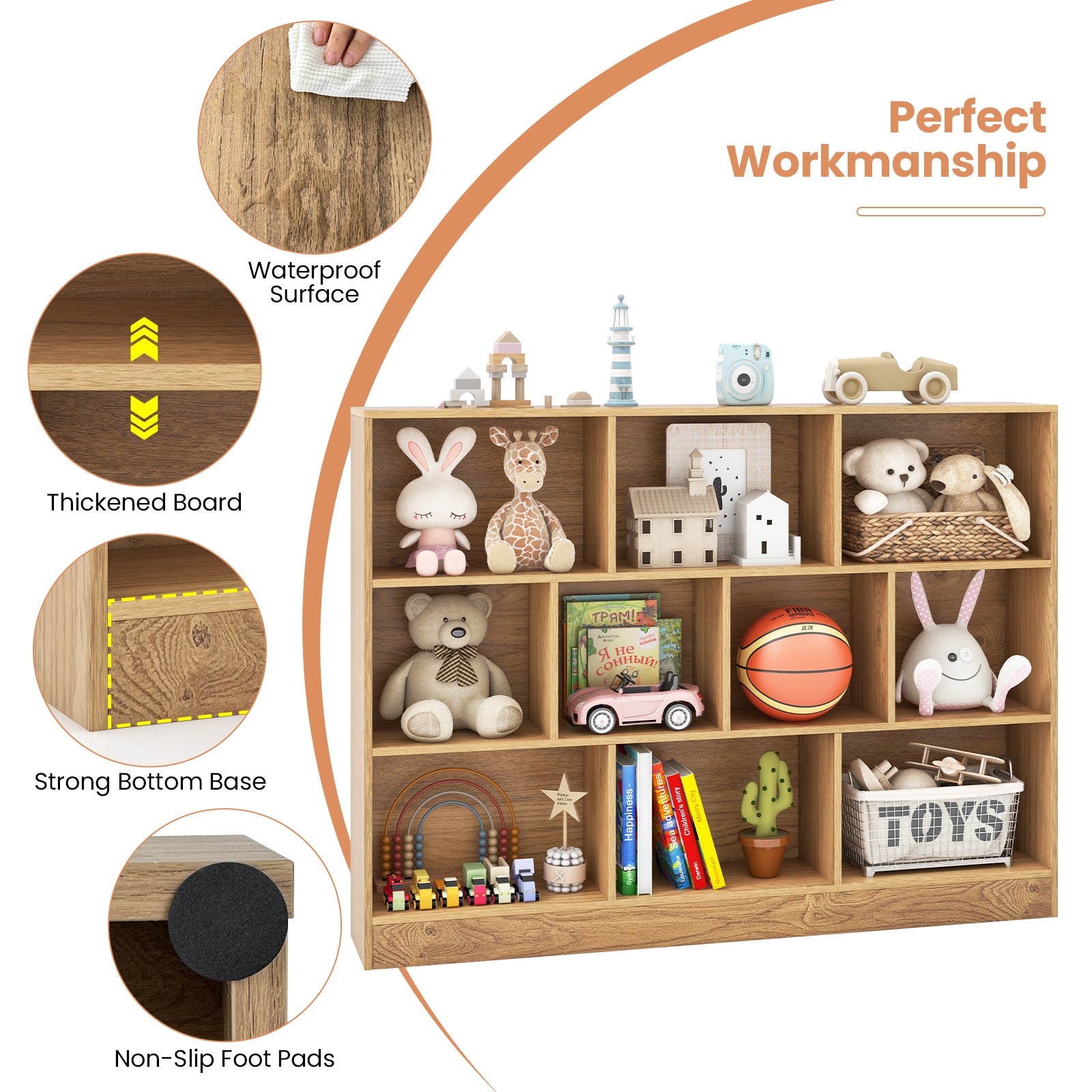 41 inches Wooden Toy Storage Organizer with 10 Cubes for Classroom Daycare Nursery Kindergarten-Natural