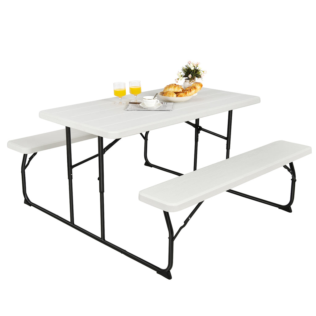 Ensemble banc de pique-nique pliable intérieur et extérieur avec plateau imitation bois - Blanc