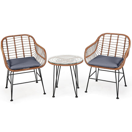 3 Pieces Patio Rattan Bistro Set with Cushion-Gray