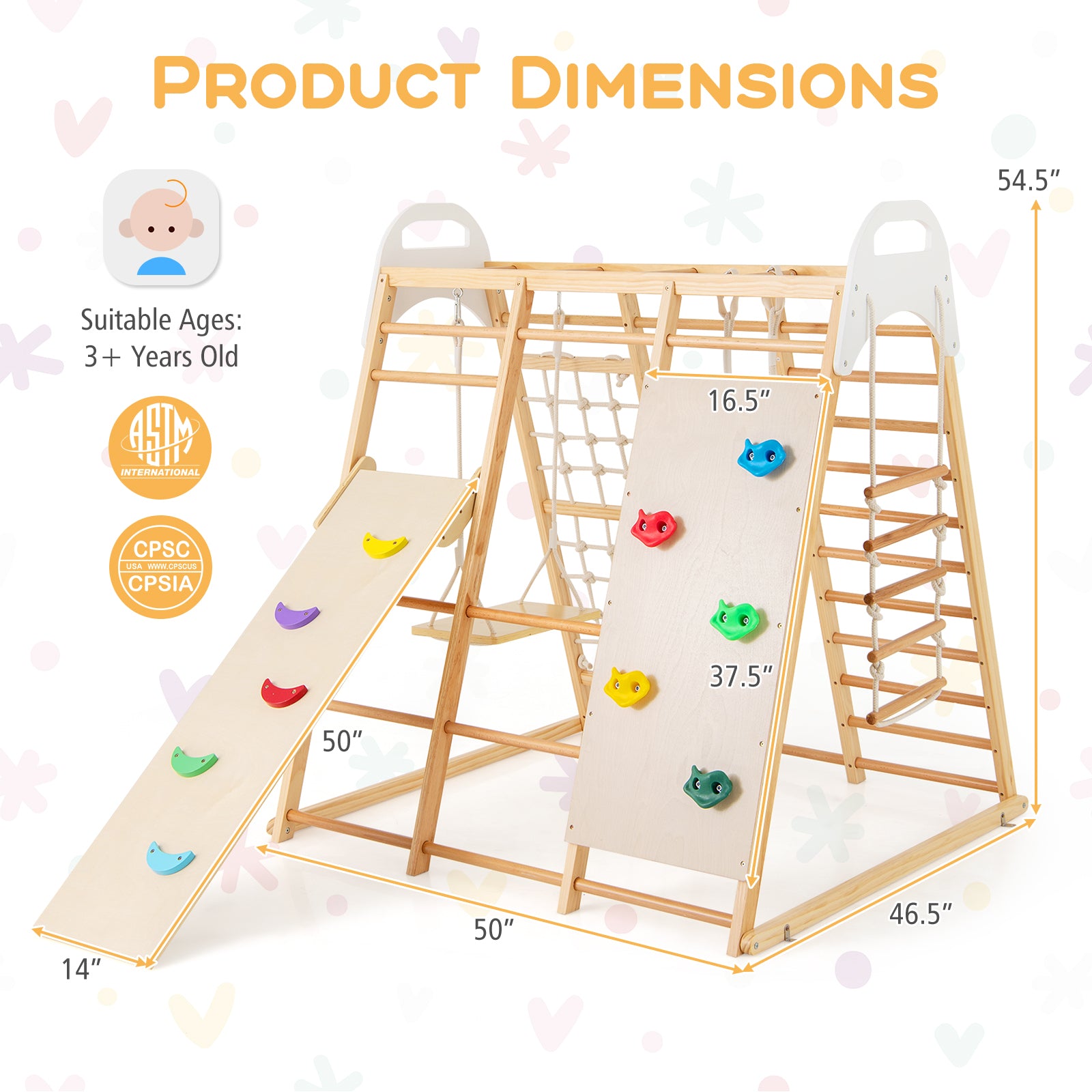 8-in-1 Wooden Jungle Gym Playset with Slide and Monkey Bars-Natural