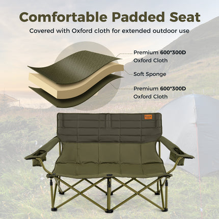 Oversized Camping Chair Folding Loveseat Camping Couch with Cup Holders & Thick Padding-Green