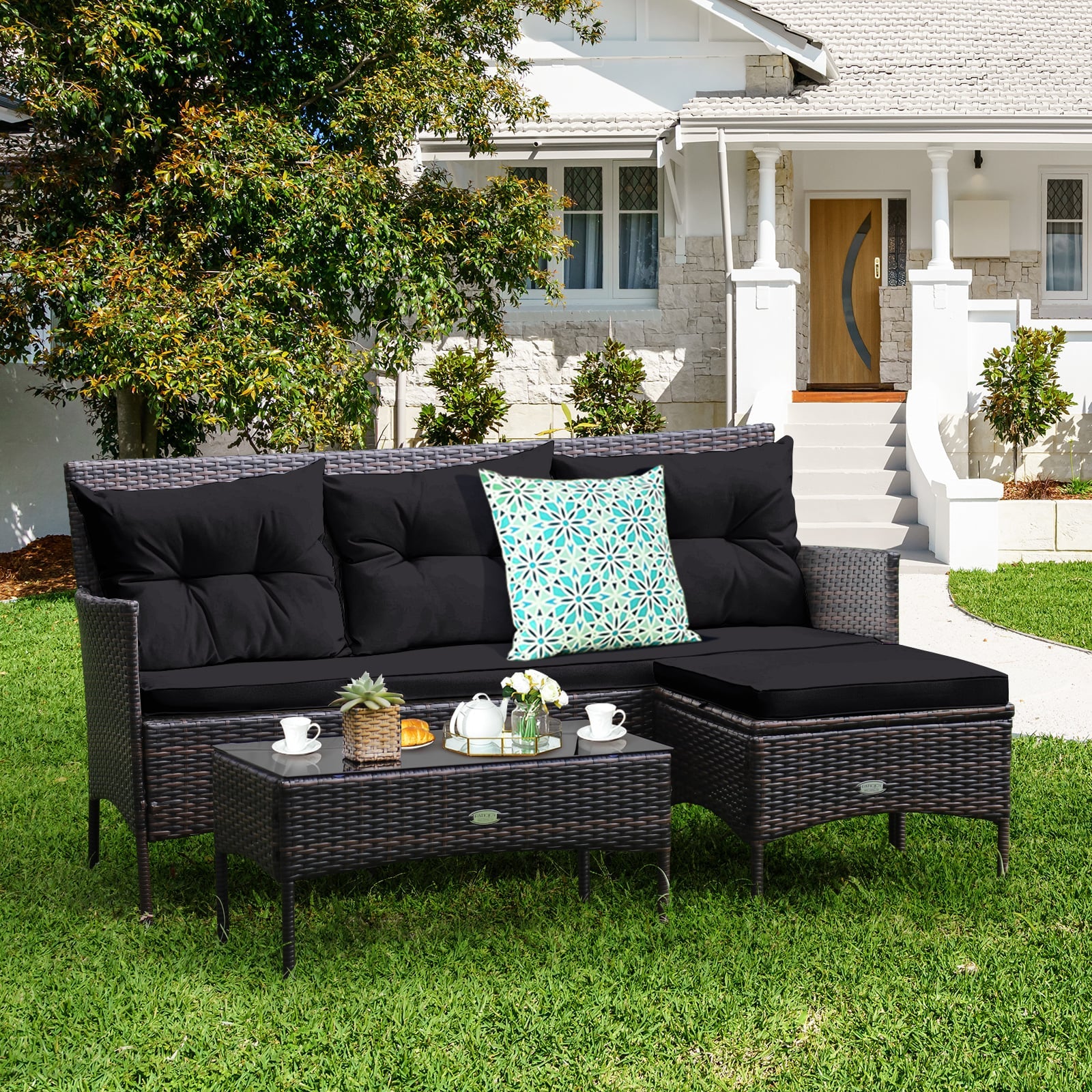 Ensemble de patio 3 pièces avec 5 coussins confortables - Noir