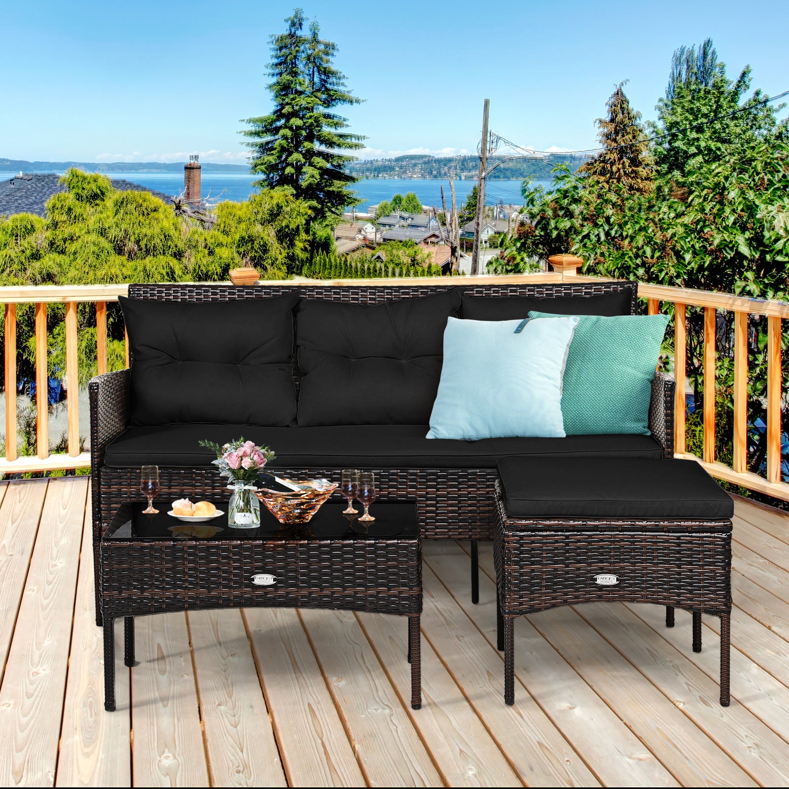 Ensemble de patio 3 pièces avec 5 coussins confortables - Noir