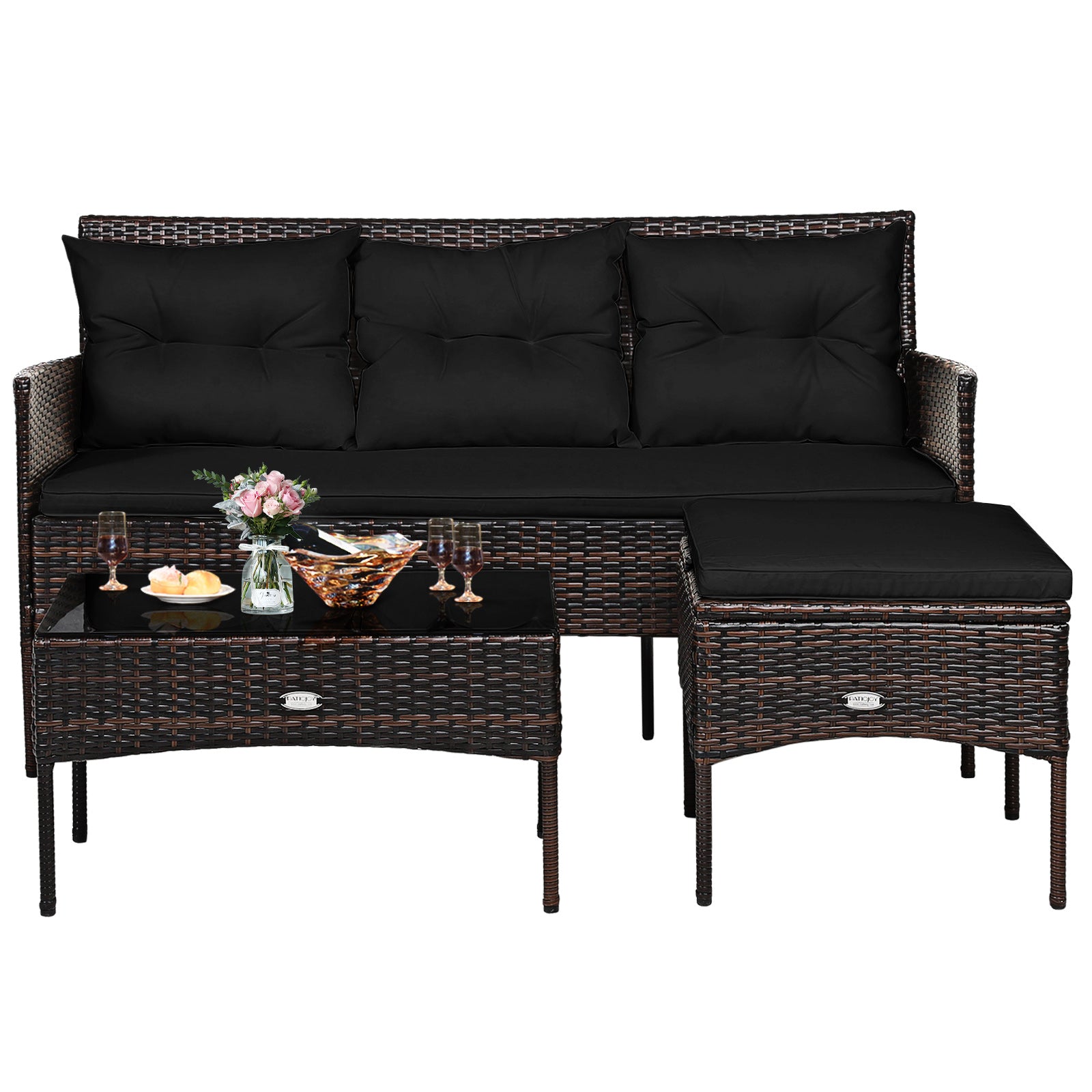 Ensemble de patio 3 pièces avec 5 coussins confortables - Noir