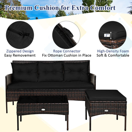 3 Pieces Patio Furniture Sectional Set with 5 Cozy Cushions-Black