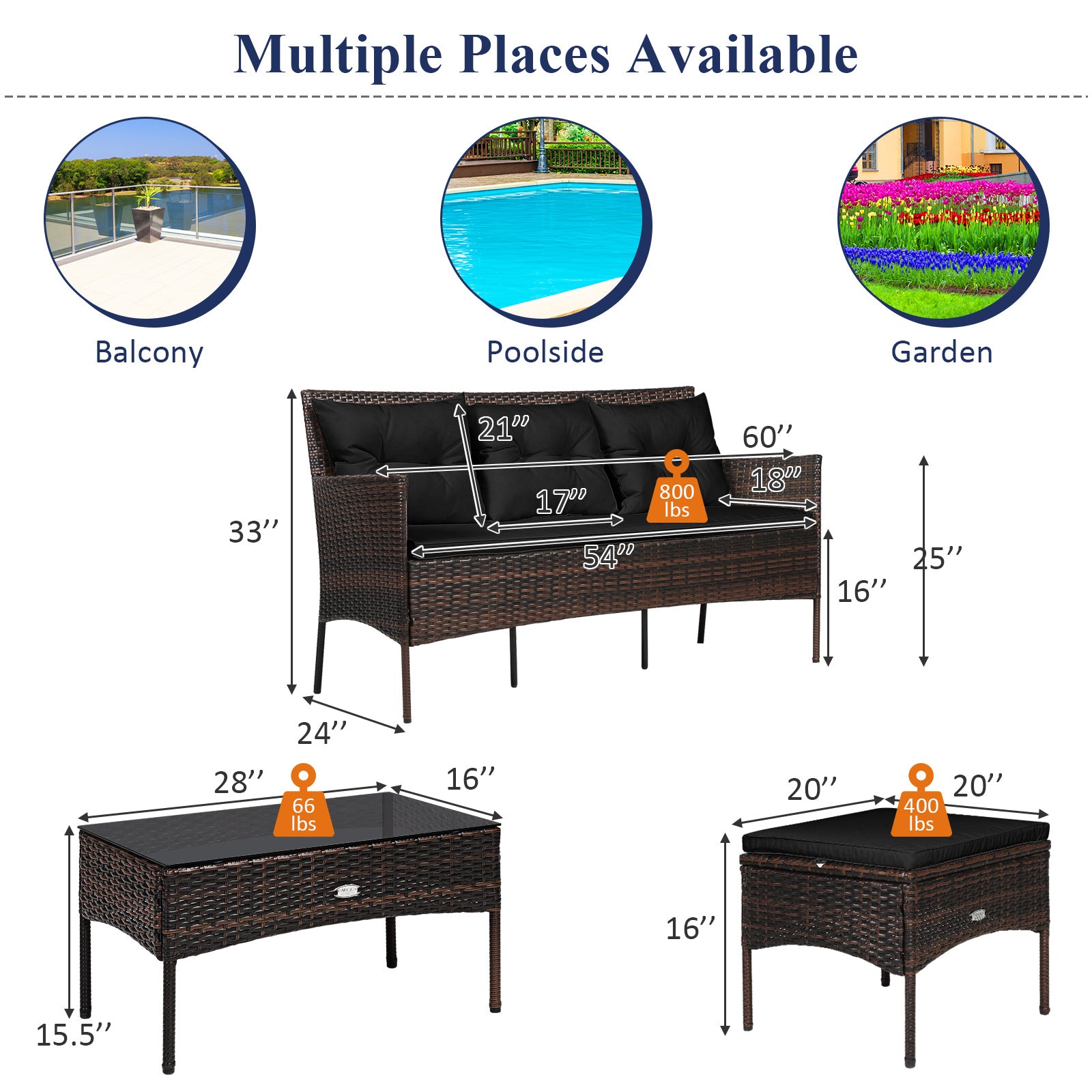 Ensemble de patio 3 pièces avec 5 coussins confortables - Noir