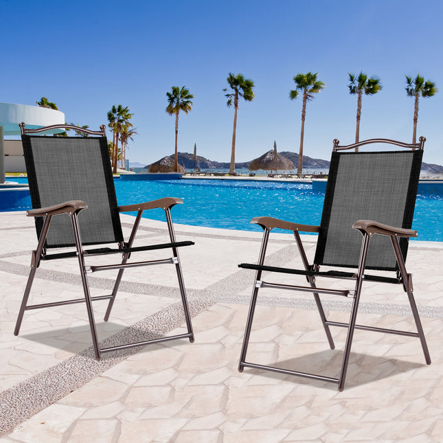 Set of 2 Patio Folding Sling Back Camping Deck Chairs-Coffee