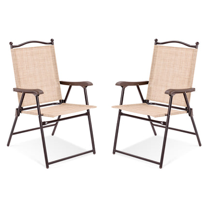 Set of 2 Patio Folding Sling Back Camping Deck Chairs-Beige