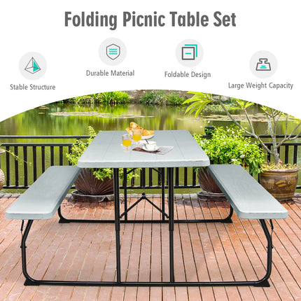 Indoor and Outdoor Folding Picnic Table Bench Set with Wood-like Texture-Gray