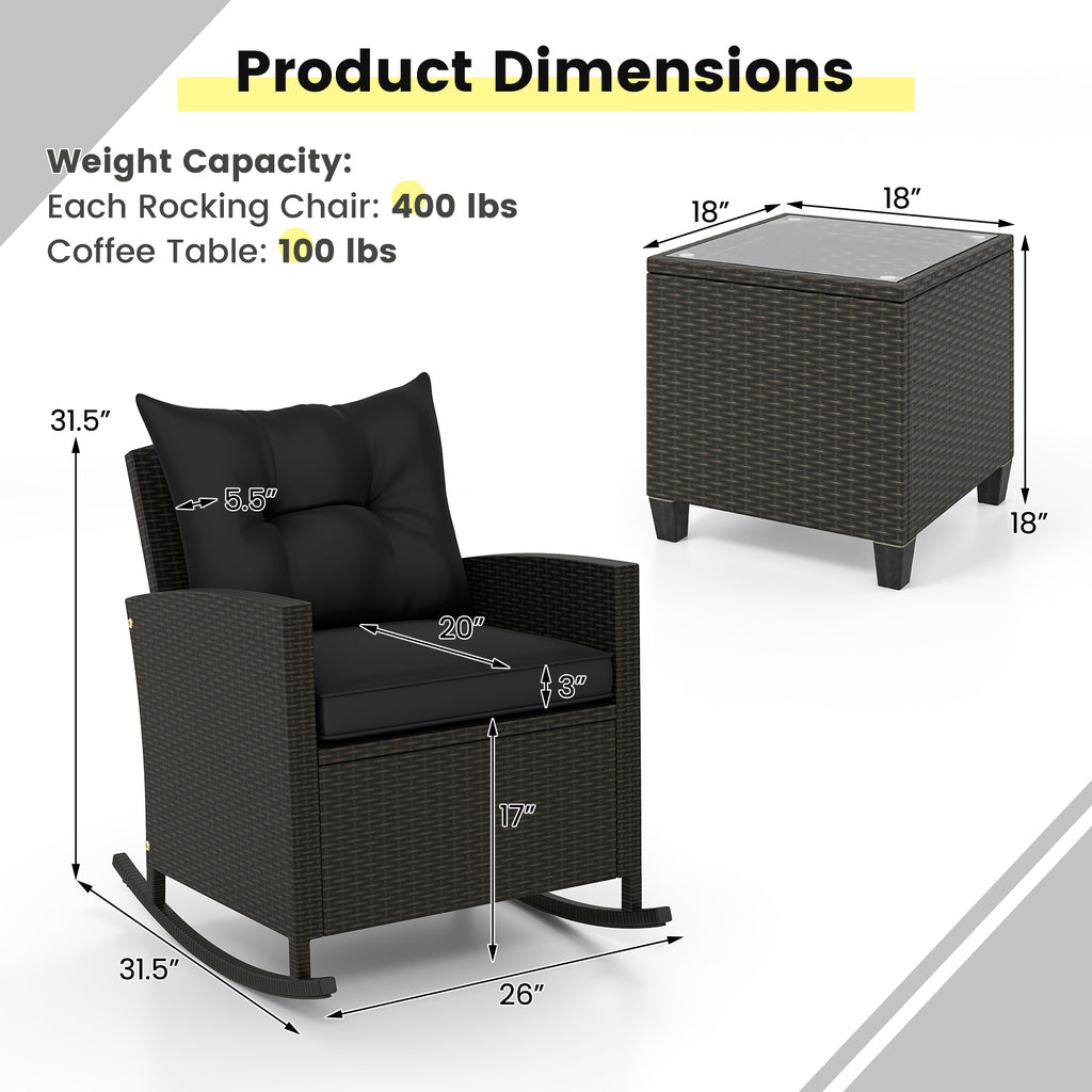 3-Piece Patio Rattan Roker Chairs with Tempered Glass Table and Soft Cushions-Black
