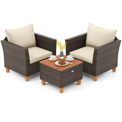 3 Pieces Patio Rattan Bistro Furniture Set with Wooden Table Top-Beige