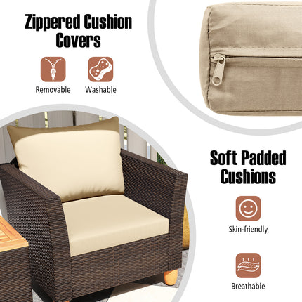 3 Pieces Patio Rattan Bistro Furniture Set with Wooden Table Top-Beige